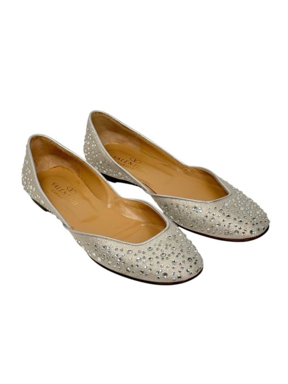 Valentino Ballet Flats Sz 6.5 Silver Beaded Rhinestones Designer Luxury Formal